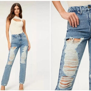 Good American Good Boy distressed Denim Blue Jeans Size 4/27 NEW!‎
